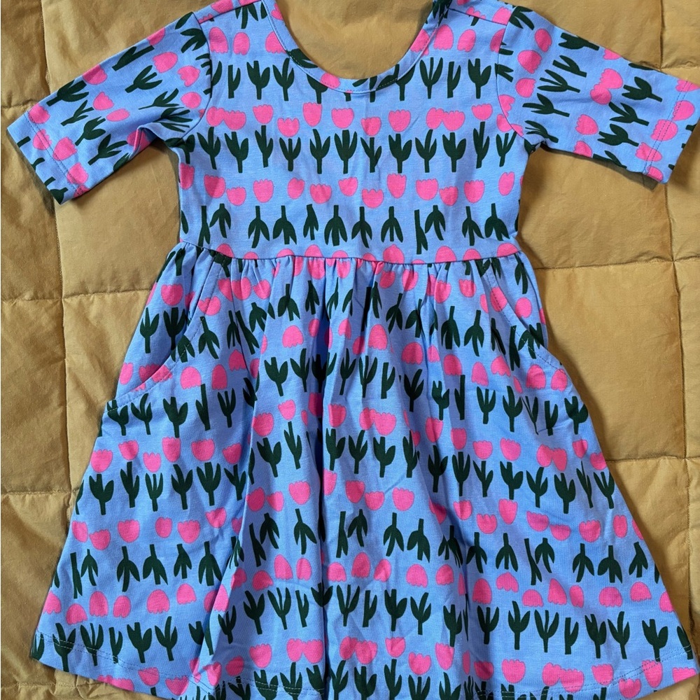 Hanna Andersson Blue Dress with Pink & Dark Green Tulip Print